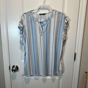 CURE Striped‎ V-Neck Roll Tab Sleeve Top Women's Plus Size 2XL Blue Gray White